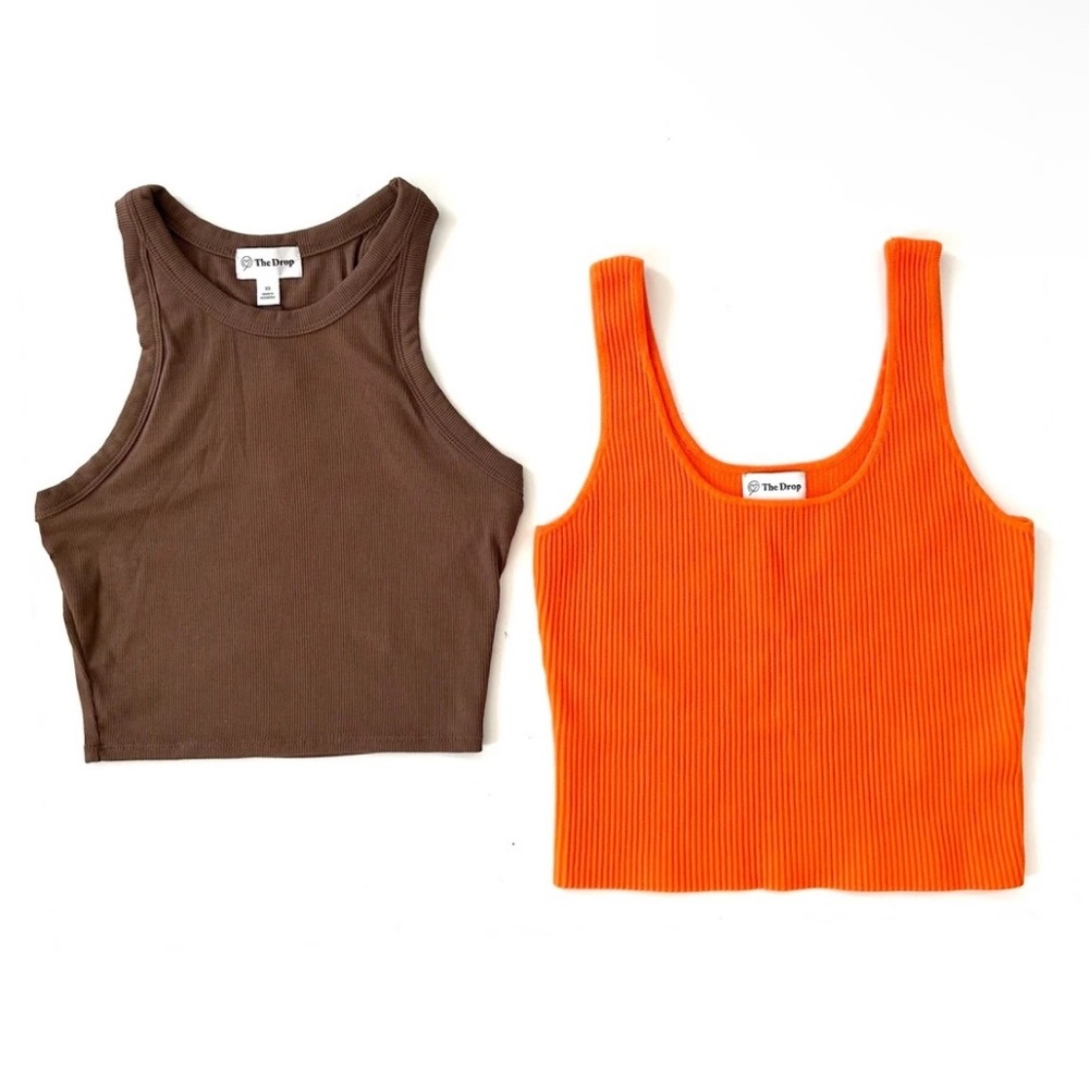 Set of: The Drop Ribbed Cropped Brown & Orange Tank Tops NWT Size XS